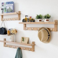 Bamboo wooden wall mounted clothes hooks rack with book wall shelf combo