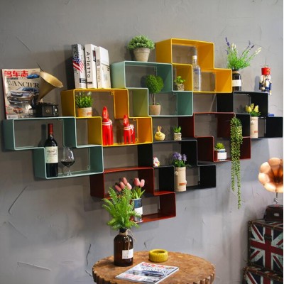 Rustic loft wood metal creative wall mount shelf ladder storage organizer flower corner decor bedside kitchen wood floating rack