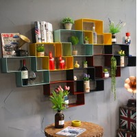 Rustic loft wood metal creative wall mount shelf ladder storage organizer flower corner decor bedside kitchen wood floating rack