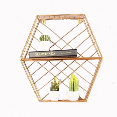 Hexagon Rustic Wood Metal Creative Wall Mount Shelf Storage Organizer Floating Rack RSS120